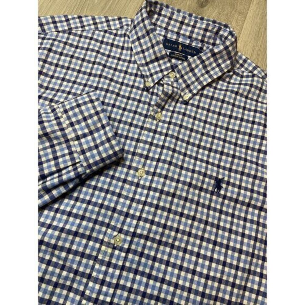 Ralph Lauren Button Down Shirt Mens XL Blue Gingham Slim Fit Stretch Oxford Prep